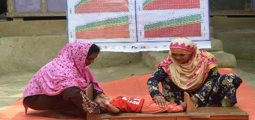 Community women conducting child growth monitoring and household-level tracking